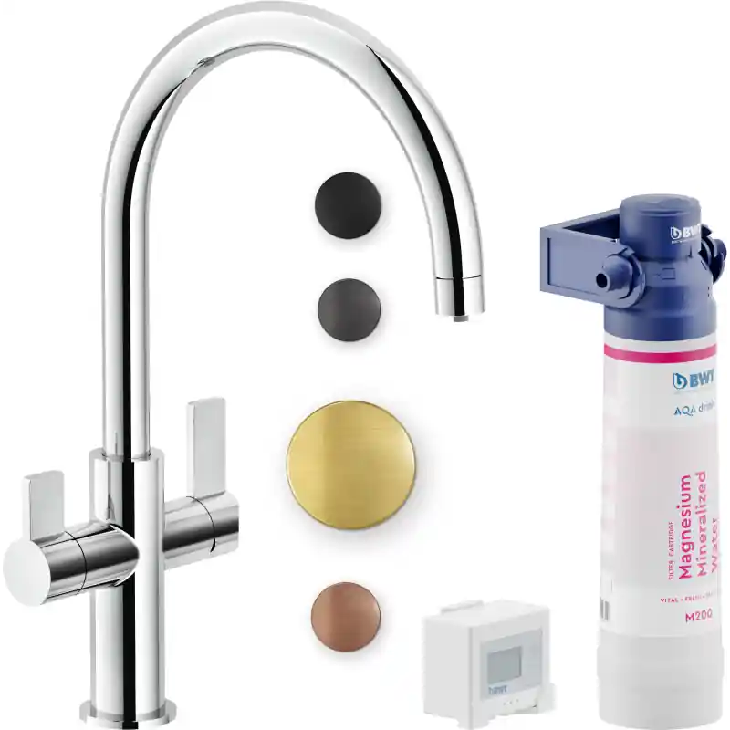 SORGENTE FILTRA MISCELATORE BICOMANDO CON SISTEMA FILTRANTE DA CUCINA ORO SPAZ. PVD Speciale Aanbieding