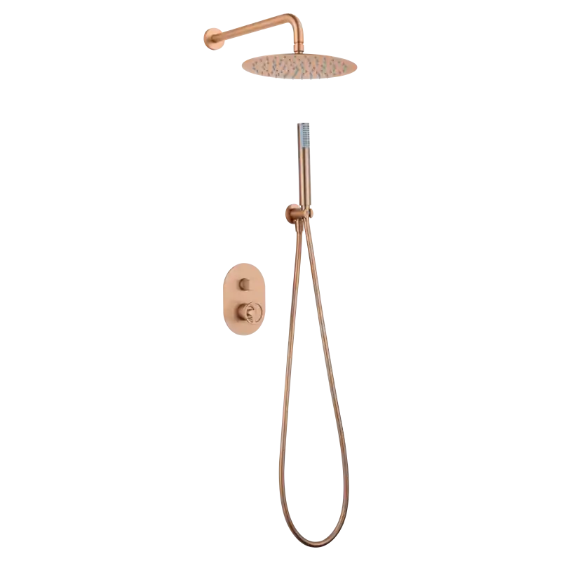 Flitsaanbieding OLIMPO KIT DOCCIA CON MISCELATORE A DUE VIE ORO ROSA SPAZZOLATO + SOFFIONE E DOCCETTA