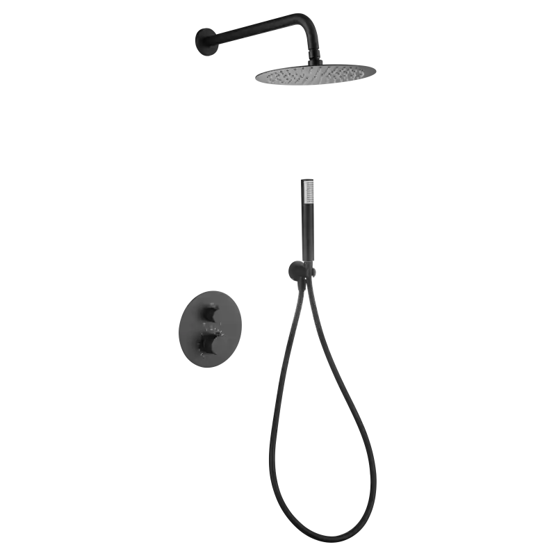 Hete Deal GENOVA KIT DOCCIA SOFFIONE CON MISCELATORE TERMOSTATICO A 2 VIE + DOCCETTA NERO MATT