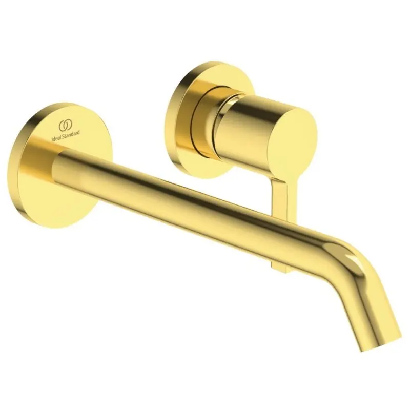 JOY LAVABO MISCELATORE MONOCOMANDO A PARETE C/2 PIASTRE CIRCOLARI E BOCCA DA 220MM BRUSHED GOLD Laatste Kans