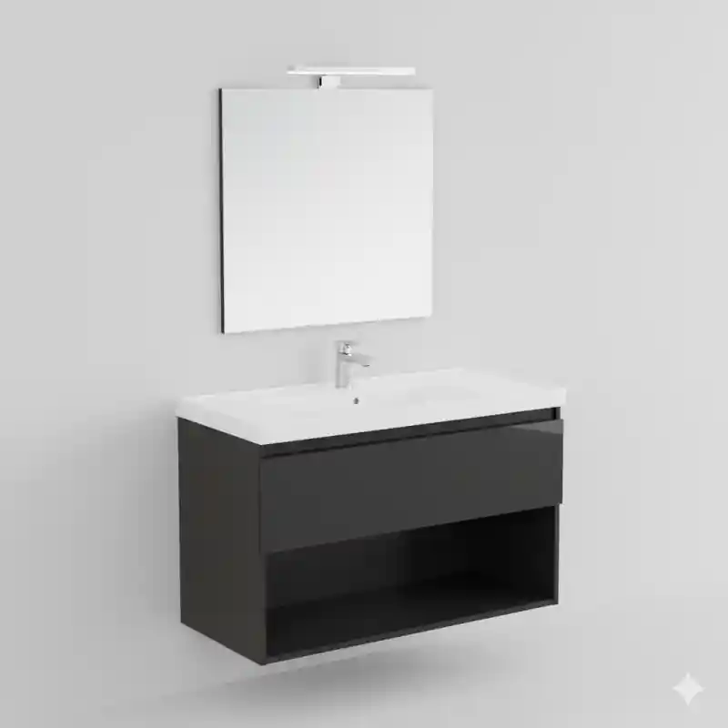 Koop Vandaag B-BEST COMPOSIZIONE FINITURA GRIGIO URANIO - L. 100 CM P. 45,5 CM H. 58,5 CM - 1 CASSETTO - COMPLETO DI SPECCHIO E FARETTO