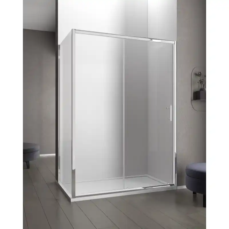 GRANDE ANGOLO 1 ANTA SCORREVOLE + LATO FISSO PROFILO CROMO VETRO TRASPARENTE Nieuw