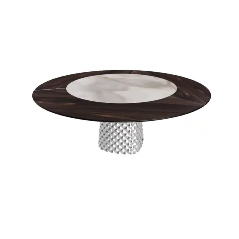 TAVOLO ATRIUM KER-WOOD ROUND BASE FUME TOP ROVERE BRUCIATO PIANO CERAMICO ALABASTRO Ø180x74,5H Beperkte Voorraad