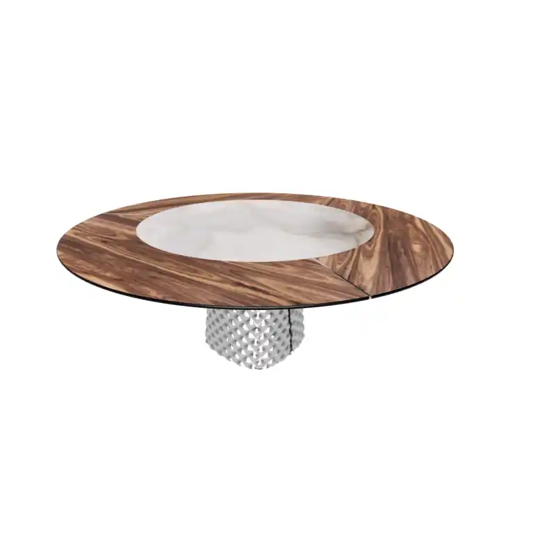 TAVOLO ATRIUM KER-WOOD ROUND BASE FUME TOP NOCE CANALETTO PIANO CERAMICO ALABASTRO Ø180x74,5H Laatste Kans