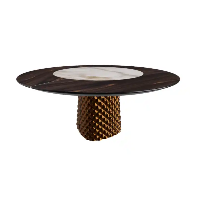 TAVOLO ATRIUM KER-WOOD ROUND BASE BRONZO TOP ROVERE BRUCIATO PIANO CERAMICO ALABASTRO Ø160x74,5H Bestel Nu