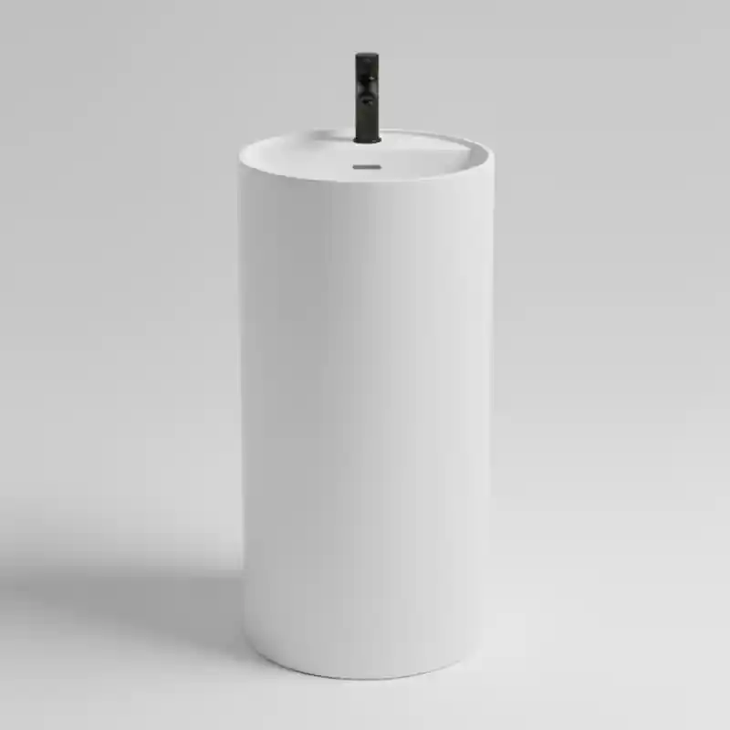 Lavabo Freestanding Tondo Scarico A Parete Con Foro Rubinetteria Cristalplant Bianco Opaco L. 44 A. 87 P. 44 Alleen Vandaag