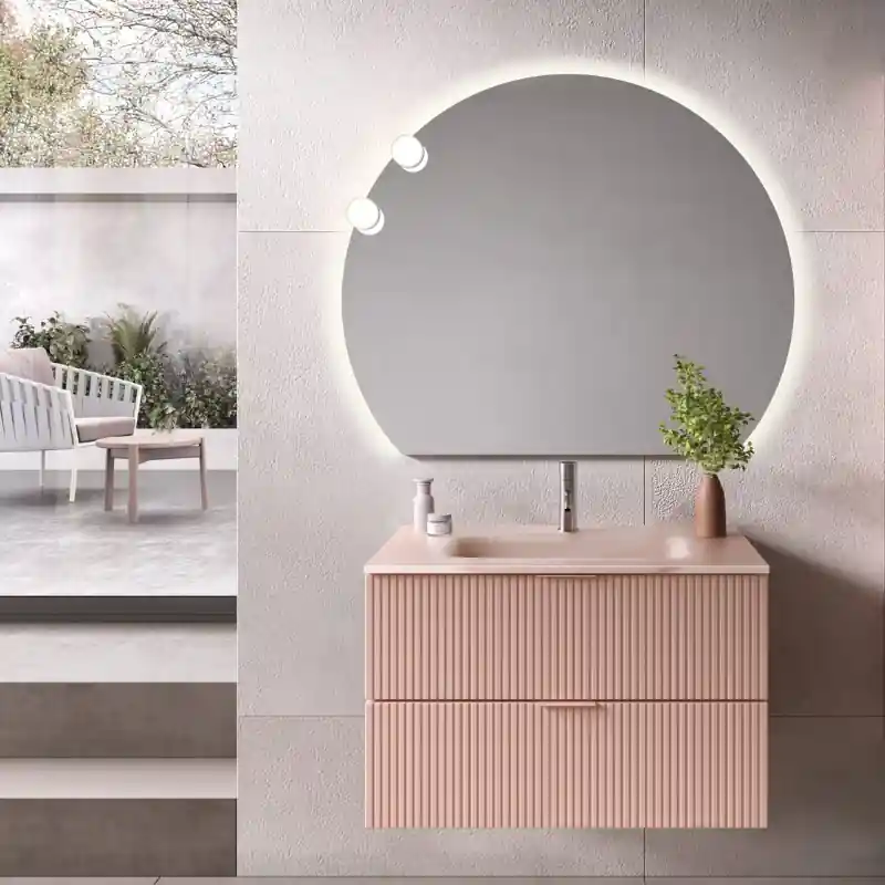 LINE COMPOSIZIONE MOBILE 80 CM CON LAVABO IN VETRO SATINATO ROSA OPACO C/SPECCHIO TONDO Aanbieding