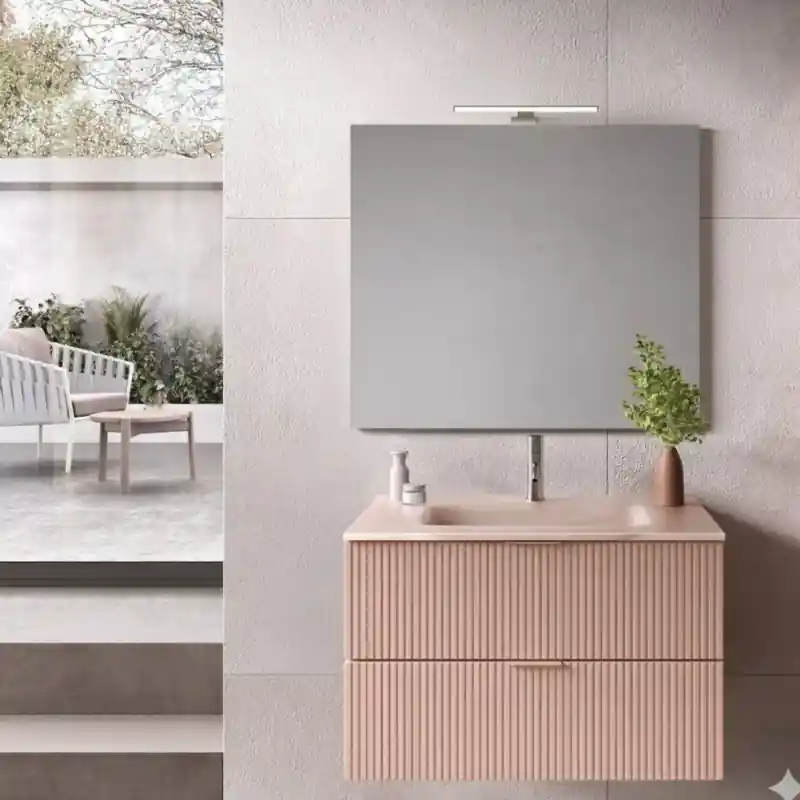 Betaalbaar LINE COMPOSIZIONE MOBILE 80 CM CON LAVABO IN VETRO SATINATO ROSA OPACO C/SPECCHIO RETTANGOLARE