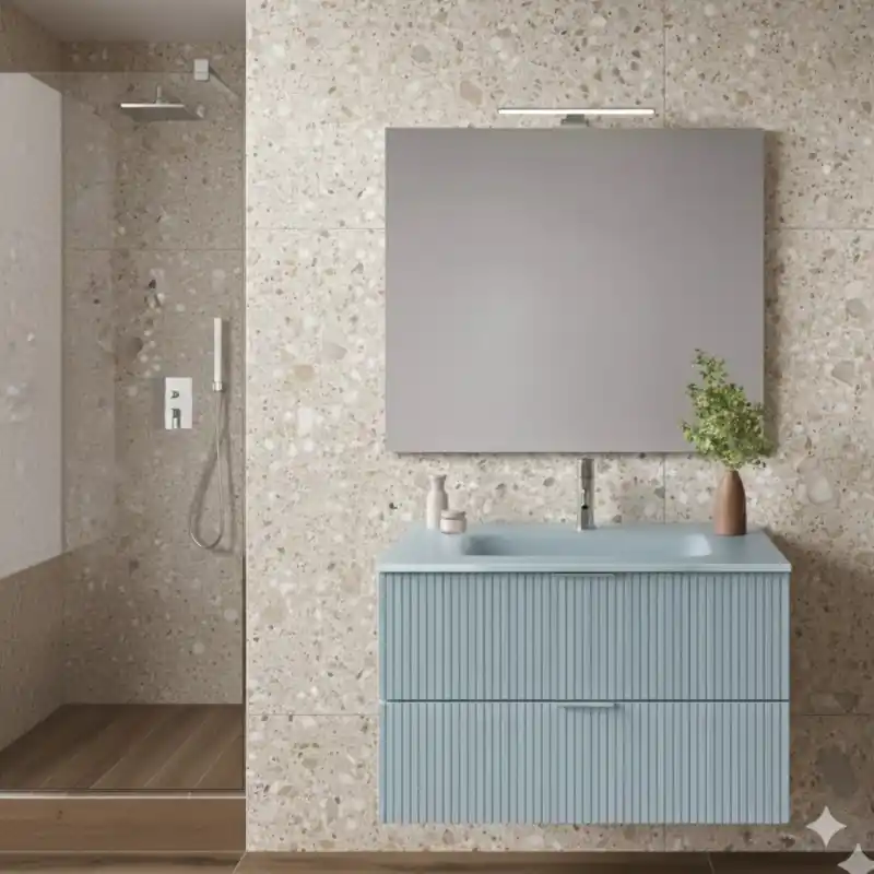 LINE COMPOSIZIONE MOBILE 80 CM CON LAVABO IN VETRO SATINATO AZZURRO OPACO C/SPECCHIO RETTANGOLARE Exclusieve Aanbieding