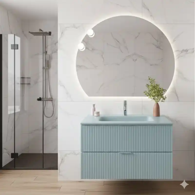 LINE COMPOSIZIONE MOBILE 80 CM CON LAVABO IN VETRO SATINATO AZZURRO OPACO C/SPECCHIO TONDO Must-Have