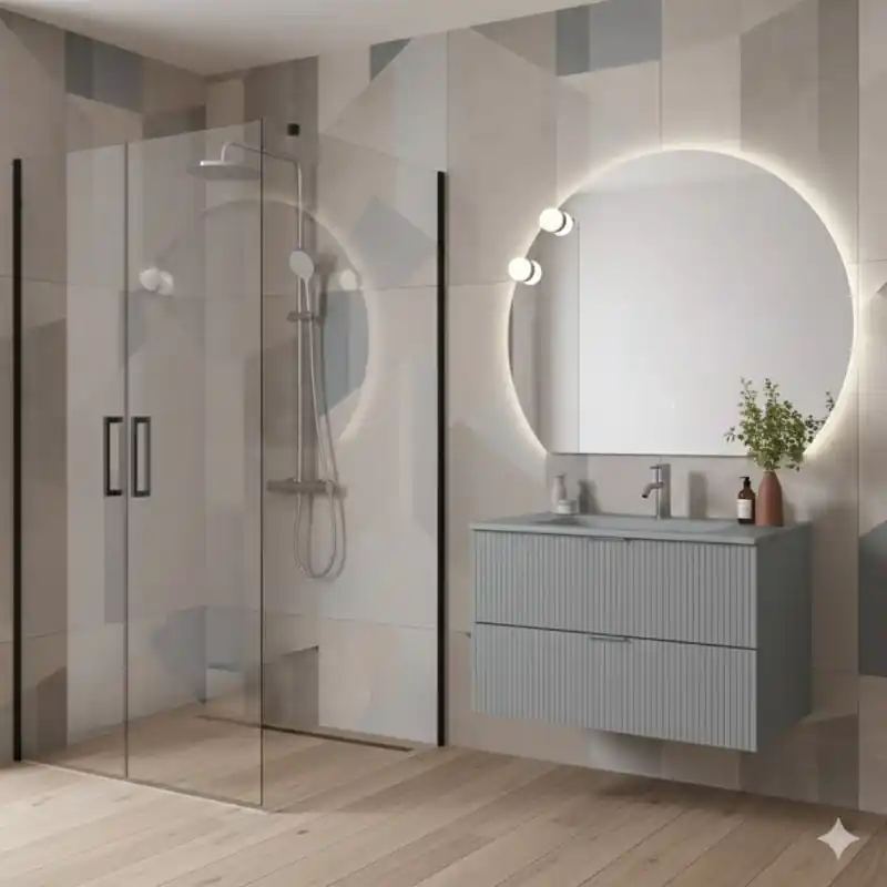 Actieprijs LINE COMPOSIZIONE MOBILE 100 CM CON LAVABO IN VETRO SATINATO GRIGIO OPACO C/SPECCHIO TONDO