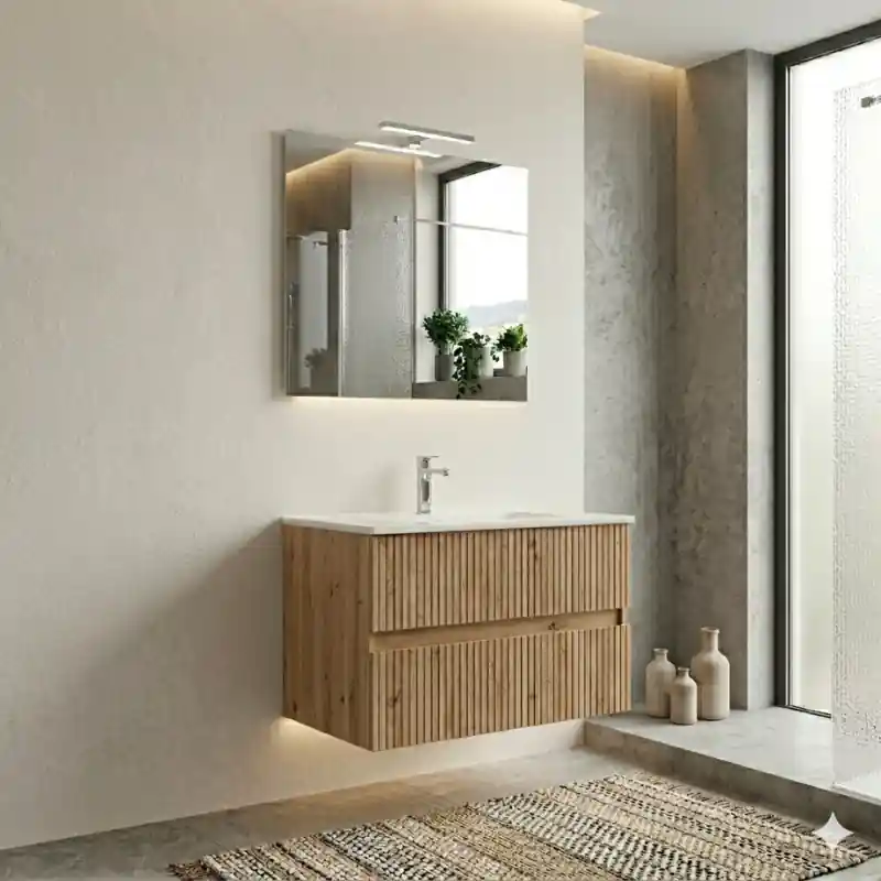 Direct Beschikbaar COMPOSIZIONE ESSENTIA MOBILE 2 CASSETTI 80 CM CON LAVABO CERAMICA + SPECCHIO E FARETTO ROVERE NATURALE