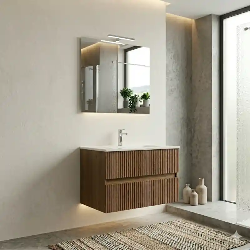 COMPOSIZIONE ESSENTIA MOBILE 2 CASSETTI 80 CM CON LAVABO CERAMICA + SPECCHIO E FARETTO ROVERE SCURO Gratis Retour