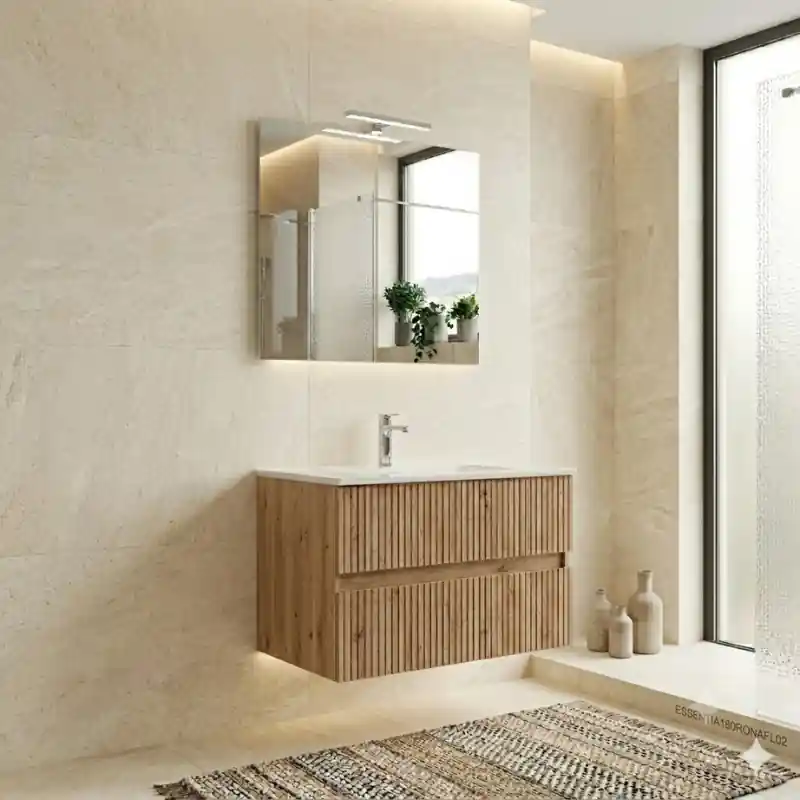 COMPOSIZIONE ESSENTIA MOBILE 2 CASSETTI 60 CM CON LAVABO CERAMICA + SPECCHIO E FARETTO ROVERE NATURALE Gecertificeerd