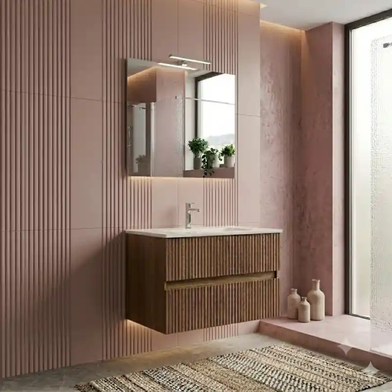 COMPOSIZIONE ESSENTIA MOBILE 2 CASSETTI 60 CM CON LAVABO CERAMICA + SPECCHIO E FARETTO ROVERE SCURO Merkproduct