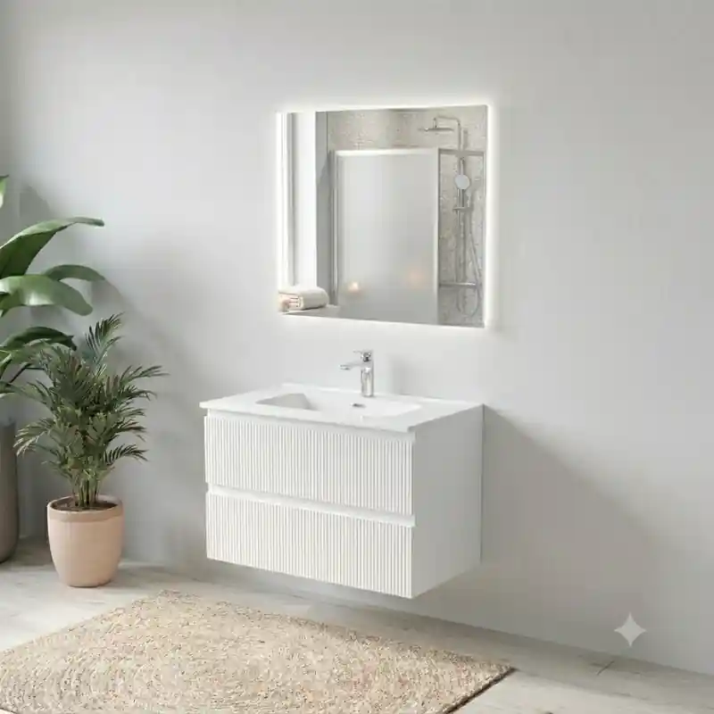 COMPOSIZIONE ESSENTIA MOBILE 2 CASSETTI CANNETTATO 80 CM CON LAVABO CERAMICA + SPECCHIO E FARETTO BIANCO OPACO Snelle Levering