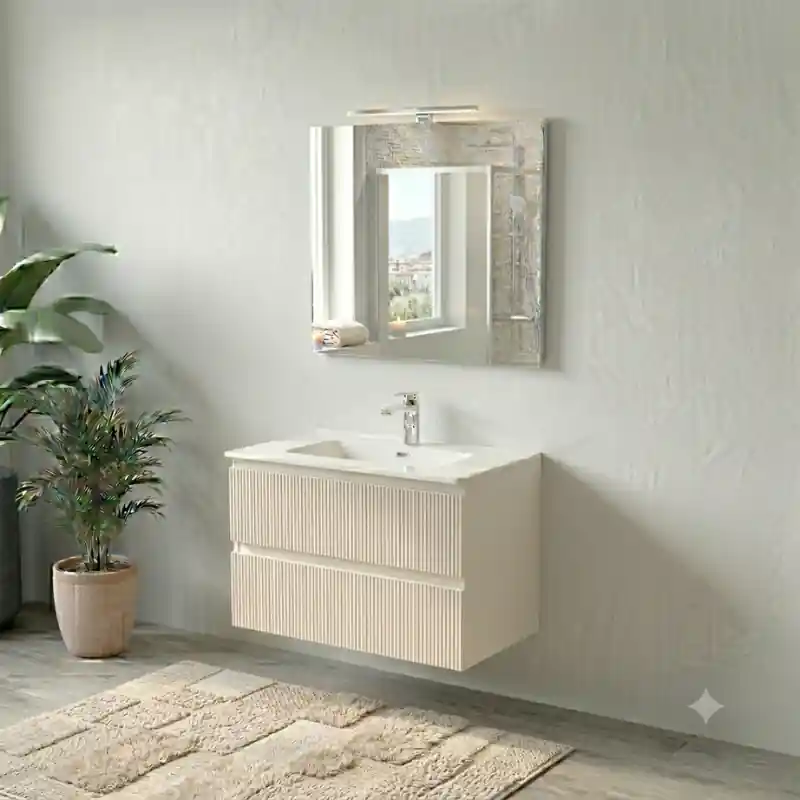 Beperkte Voorraad COMPOSIZIONE ESSENTIA MOBILE 2 CASSETTI CANNETTATO 80 CM CON LAVABO CERAMICA + SPECCHIO E FARETTO SABBIA OPACO