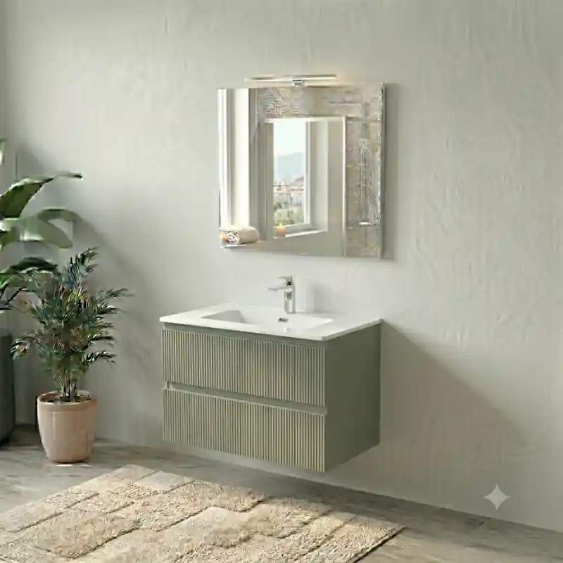 Direct Verzonden COMPOSIZIONE ESSENTIA MOBILE 2 CASSETTI CANNETTATO 80 CM CON LAVABO CERAMICA + SPECCHIO E FARETTO SALVIA OPACO
