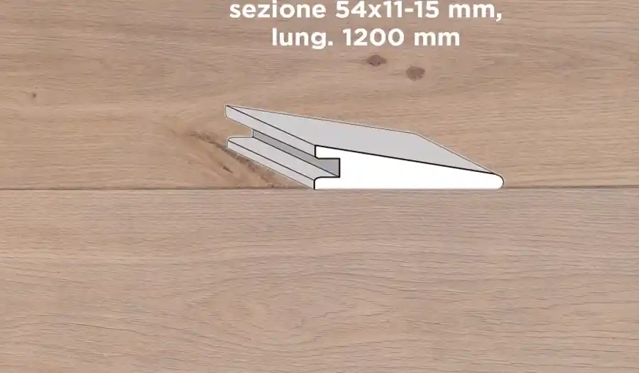 Weekendaanbieding Unikolegno - Soglia di raccordo a scivolo, essenza Rovere Commerciale, finitura decape Litio 2022 spazzolato verniciato all‘acqua, sezione 54x11-15 mm, lung. 1200 mm) - SOROVSPDELOFP726H
