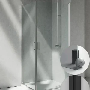 Box Doccia serie Linea modello LA Destra, su misura al cm da 680 a 770 mm, in Cristallo temperato finitura Grigio, montanti finitura Nero Opaco, compreso TPA Must-Have