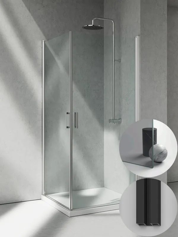 Box Doccia serie Linea modello LA Destra, su misura al cm da 780 a 870 mm, in Cristallo temperato finitura Grigio, montanti finitura Nero Opaco, compreso TPA Tijdelijk Beschikbaar