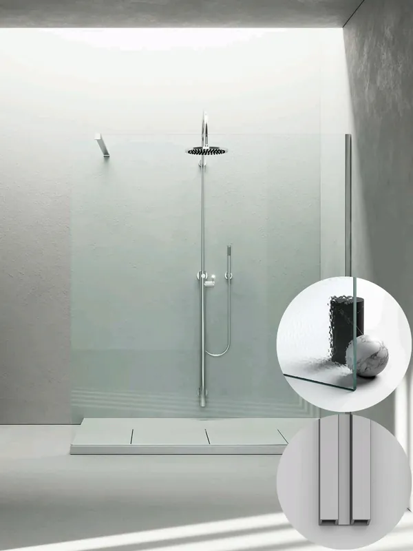 Bestel Nu Box Doccia serie Sk_in modello SK Destra, su misura al cm da 780 a 970 mm, in Cristallo temperato finitura Kathedral, montanti finitura Argento Satinato, compreso TPA