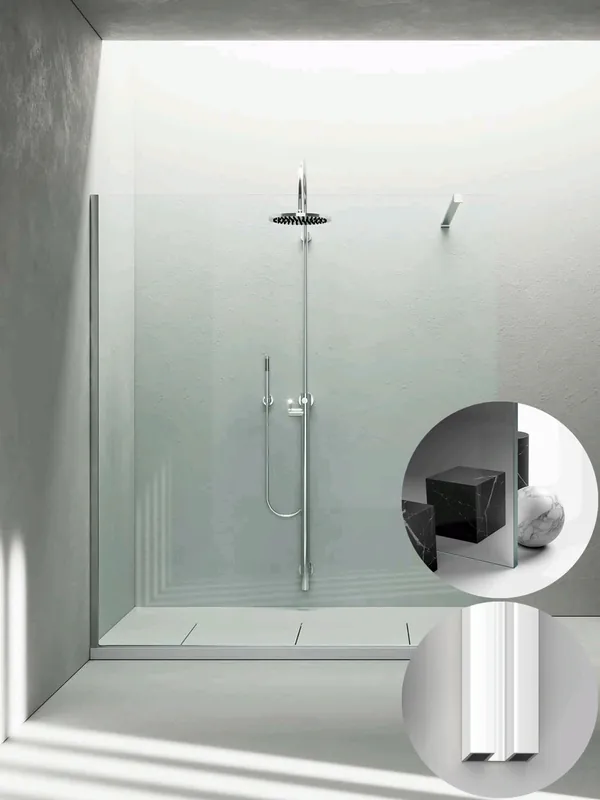 Box Doccia serie Sk_in modello SK Sinistra, su misura al cm da 780 a 970 mm, in Cristallo temperato finitura Extra-Reflex, montanti finitura Bianco, compreso TPA Snelle Levering