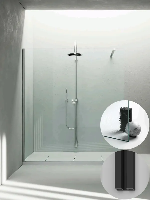 Voordeelprijs Box Doccia serie Sk_in modello SK Sinistra, su misura al cm da 780 a 970 mm, in Cristallo temperato finitura Kathedral, montanti finitura Nero Opaco, compreso TPA