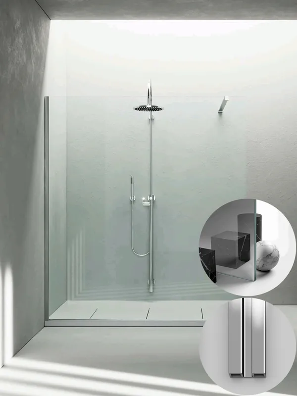 Beperkte Voorraad Box Doccia serie Sk_in modello SK Sinistra, su misura al cm da 780 a 970 mm, in Cristallo temperato finitura Riflettente, montanti finitura Argento Lucido, compreso TPA
