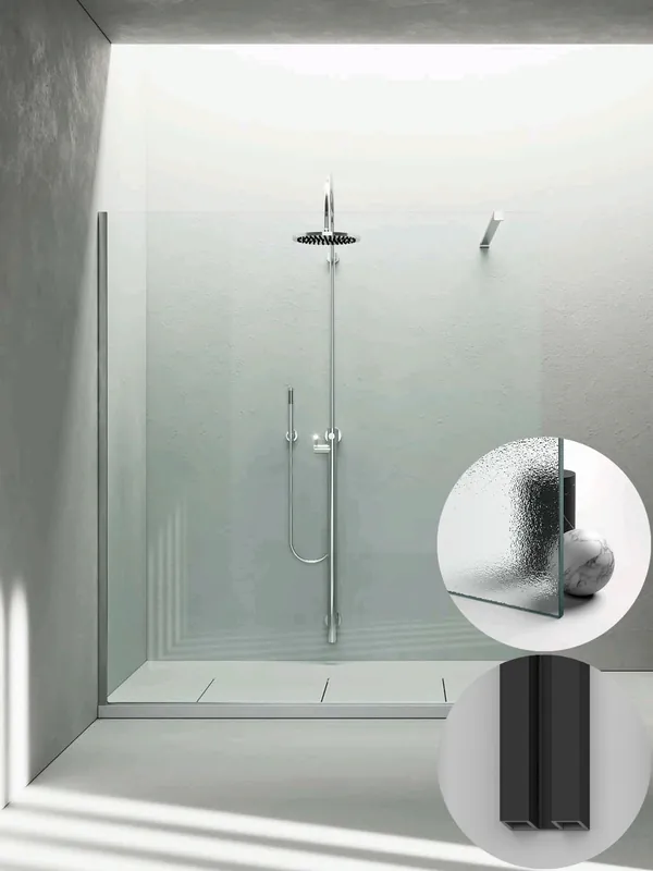 Box Doccia serie Sk_in modello SK Sinistra, su misura al cm da 780 a 970 mm, in Cristallo temperato finitura Stampato Chiaro, montanti finitura Nero Opaco, compreso TPA Beperkt Aanbod