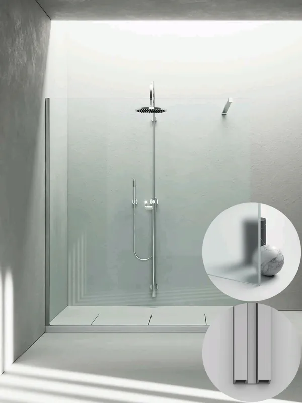 Populair Box Doccia serie Sk_in modello SK Sinistra, su misura al cm da 980 a 1170 mm, in Cristallo temperato finitura Extra-Chiaro Satinato, montanti finitura Argento Satinato, compreso TPA