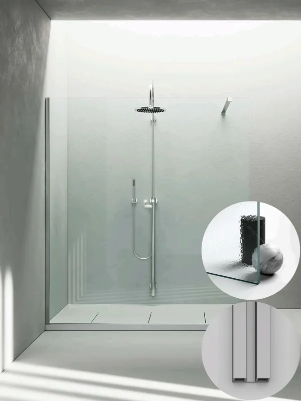 Exclusieve Aanbieding Box Doccia serie Sk_in modello SK Sinistra, su misura al cm da 980 a 1170 mm, in Cristallo temperato finitura Kathedral, montanti finitura Argento Satinato, compreso TPA
