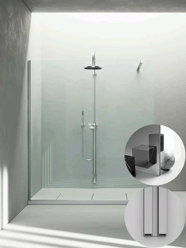 Fabrieksprijs Box Doccia serie Sk_in modello SK Sinistra, su misura al cm da 980 a 1170 mm, in Cristallo temperato finitura Riflettente, montanti finitura Argento Satinato, compreso TPA