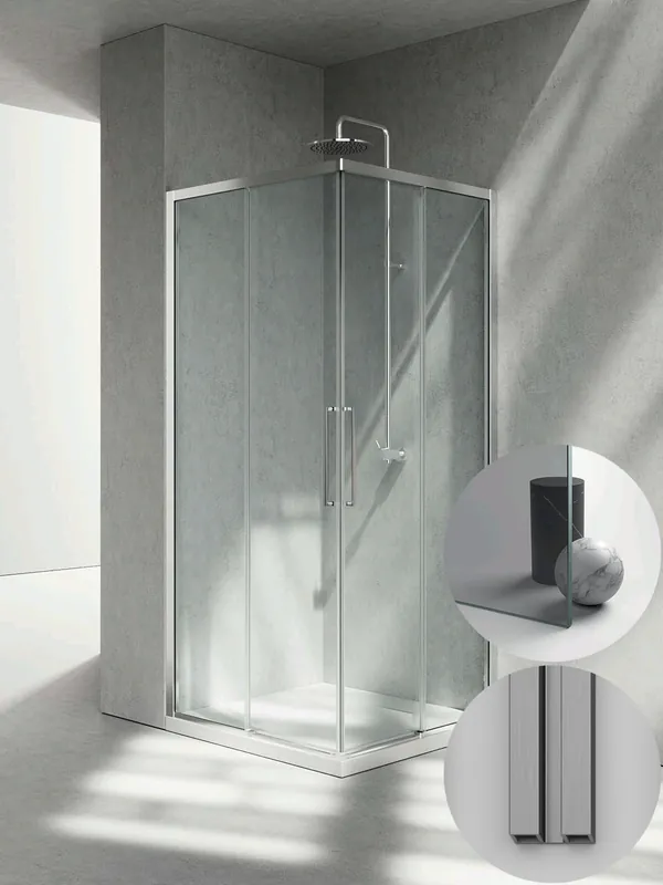 Express Levering Box Doccia serie 7000 modello ZA Sinistra, misura Standard 900 mm, in Cristallo temperato finitura Grigio, montanti finitura Acciaio Spazzolato, compreso TPA